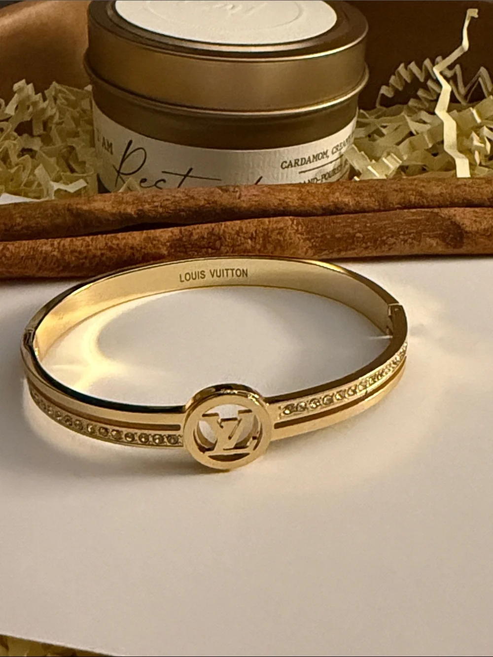 Fashion Jewelry Gold Crystal-Accent Monogram Bangle Bracelet - Picture 2 of 8